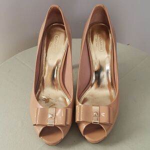 Coach Shoe Womens 9 Starla Nude Bow Peep Toe Platform Patent Leather Pumps